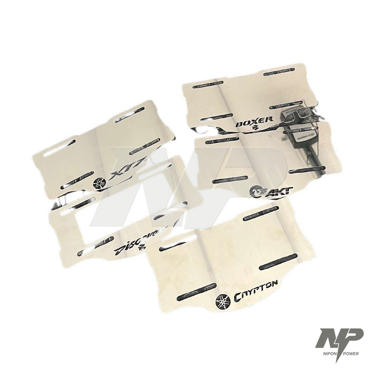 Porta placa plano en acero inoxidable con logo de marca (AKT, Bajaj, Honda, Yamaha y más)