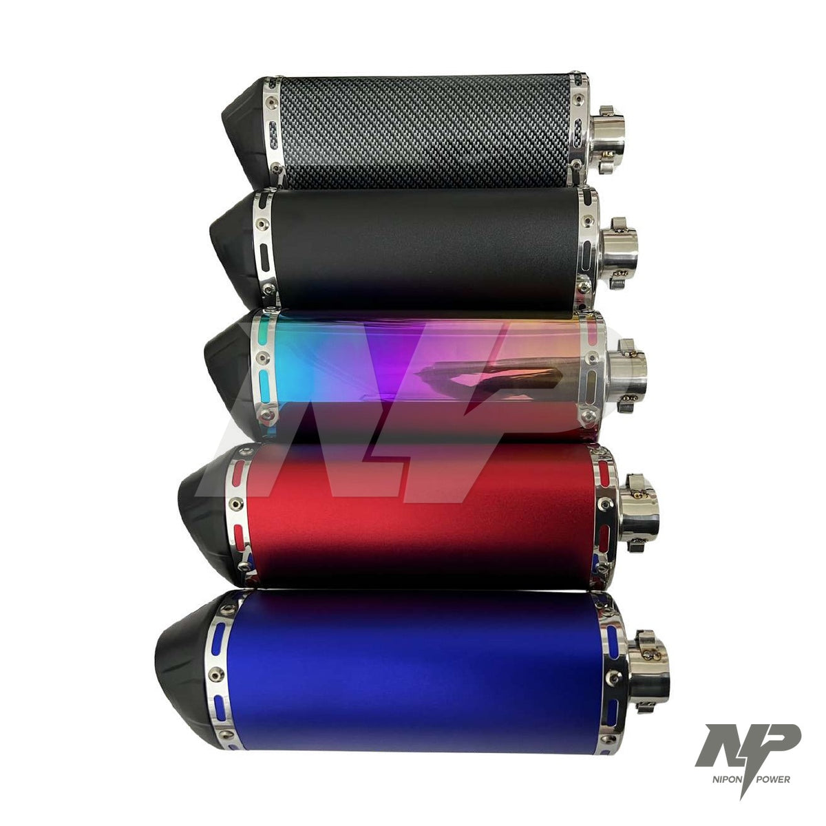 Exosto de lujo en aluminio tipo slip-on universal (azul, rojo, negro, carbono, tornasol)